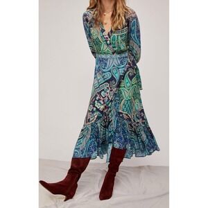 Farm Rio Anthro Blue Green Boho Paisley Wrap Waist Ruffle Size XS Midi Dress